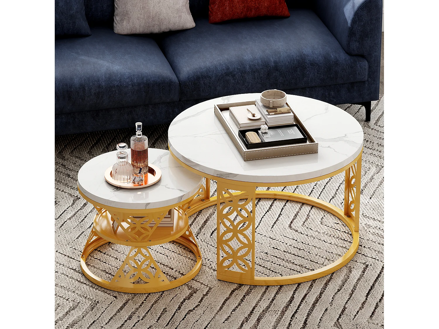 Table Basse Gigogne Ronde 2 Pièces - Tables Empilables avec Plateau MDF Effet Marbre et Piètement Métal Doré Blanc et Or
