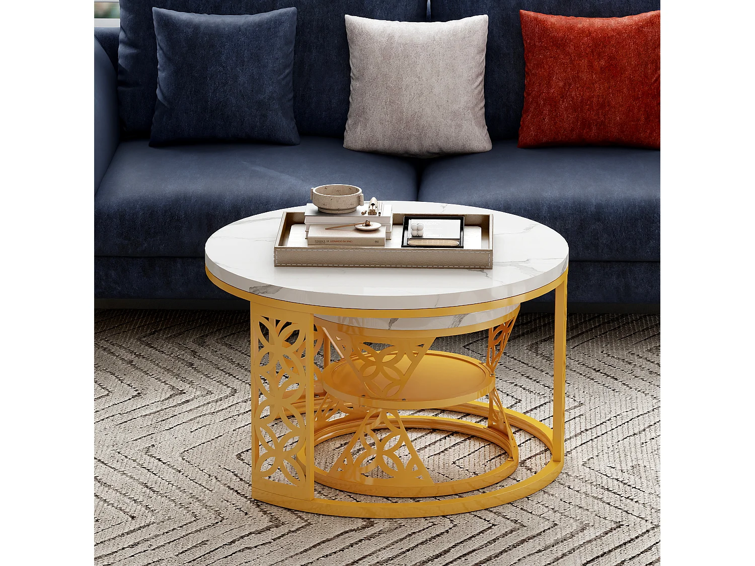 Table Basse Gigogne Ronde 2 Pièces - Tables Empilables avec Plateau MDF Effet Marbre et Piètement Métal Doré Blanc et Or