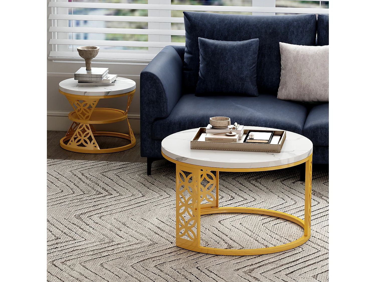 Table Basse Gigogne Ronde 2 Pièces - Tables Empilables avec Plateau MDF Effet Marbre et Piètement Métal Doré Blanc et Or