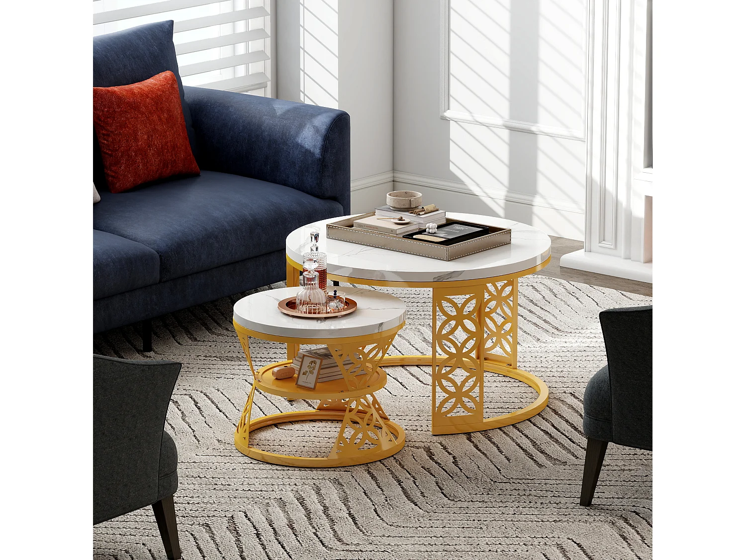 Table Basse Gigogne Ronde 2 Pièces - Tables Empilables avec Plateau MDF Effet Marbre et Piètement Métal Doré Blanc et Or