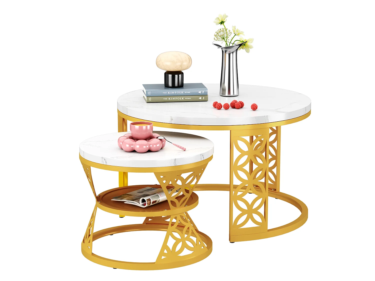 Table Basse Gigogne Ronde 2 Pièces - Tables Empilables avec Plateau MDF Effet Marbre et Piètement Métal Doré Blanc et Or