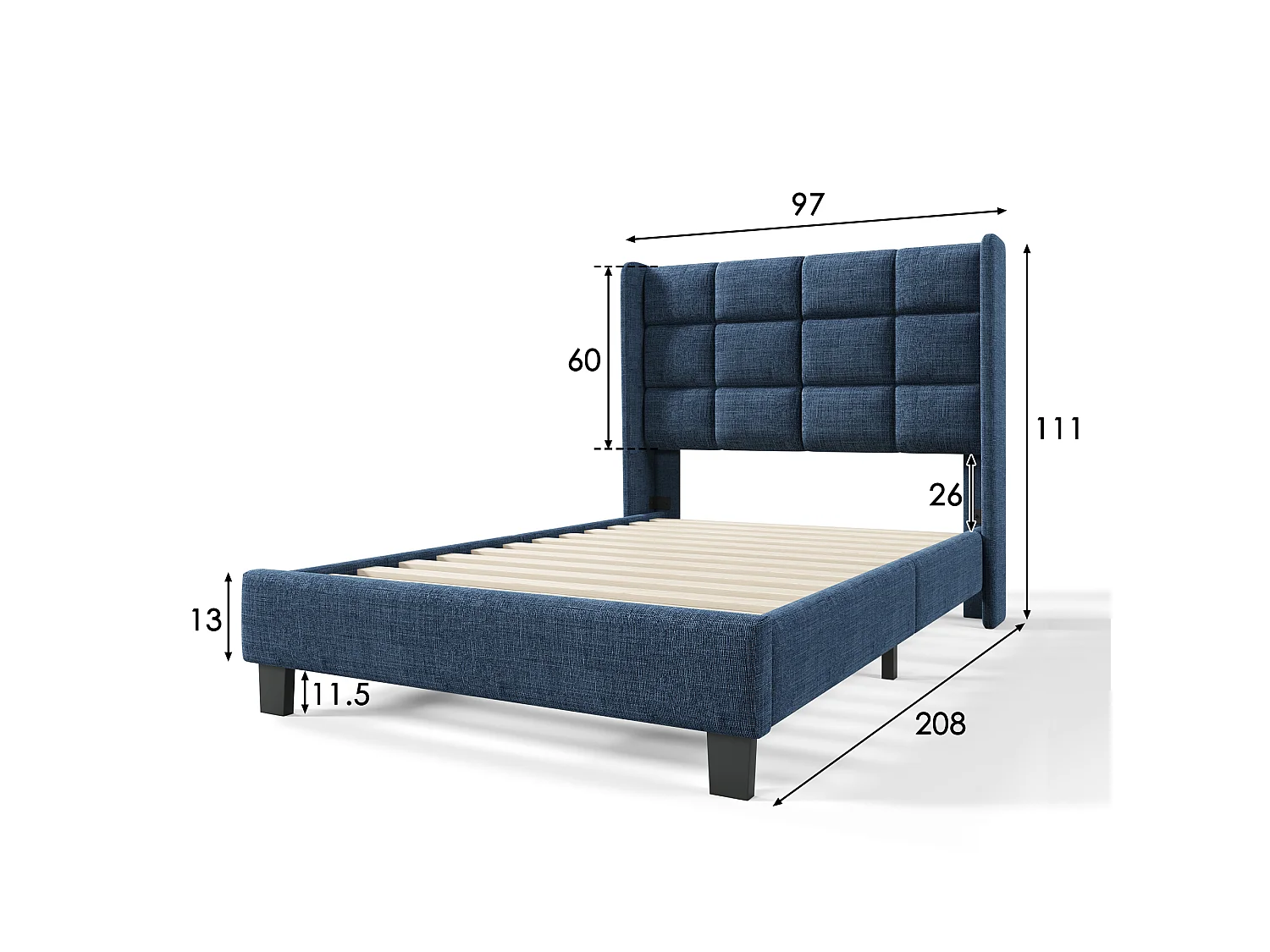 Lit 90 x 200 cm - Lit Rembourré Tête Haute Avec Sommier à Lattes Fixées par Velcro et Pieds Noirs - En Lin, Sans matelas - Bleu WF283603