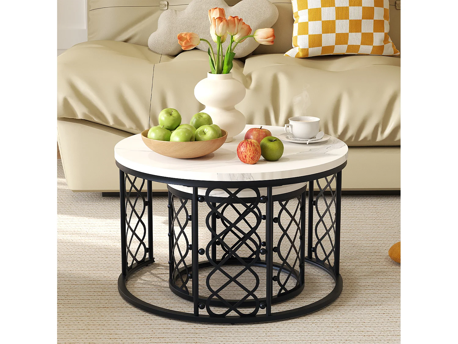 Table Basse Ronde et Tables d’Appoint 2 Pièces pour Salon, Chambre ou Balcon - Noir et Blanc - 70x70x45 cm et 45x45x37 cm