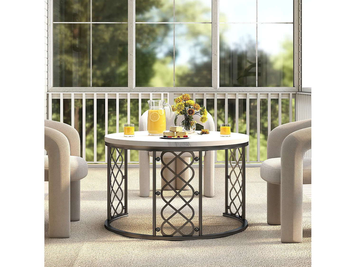 Table Basse Ronde et Tables d’Appoint 2 Pièces pour Salon, Chambre ou Balcon - Noir et Blanc - 70x70x45 cm et 45x45x37 cm