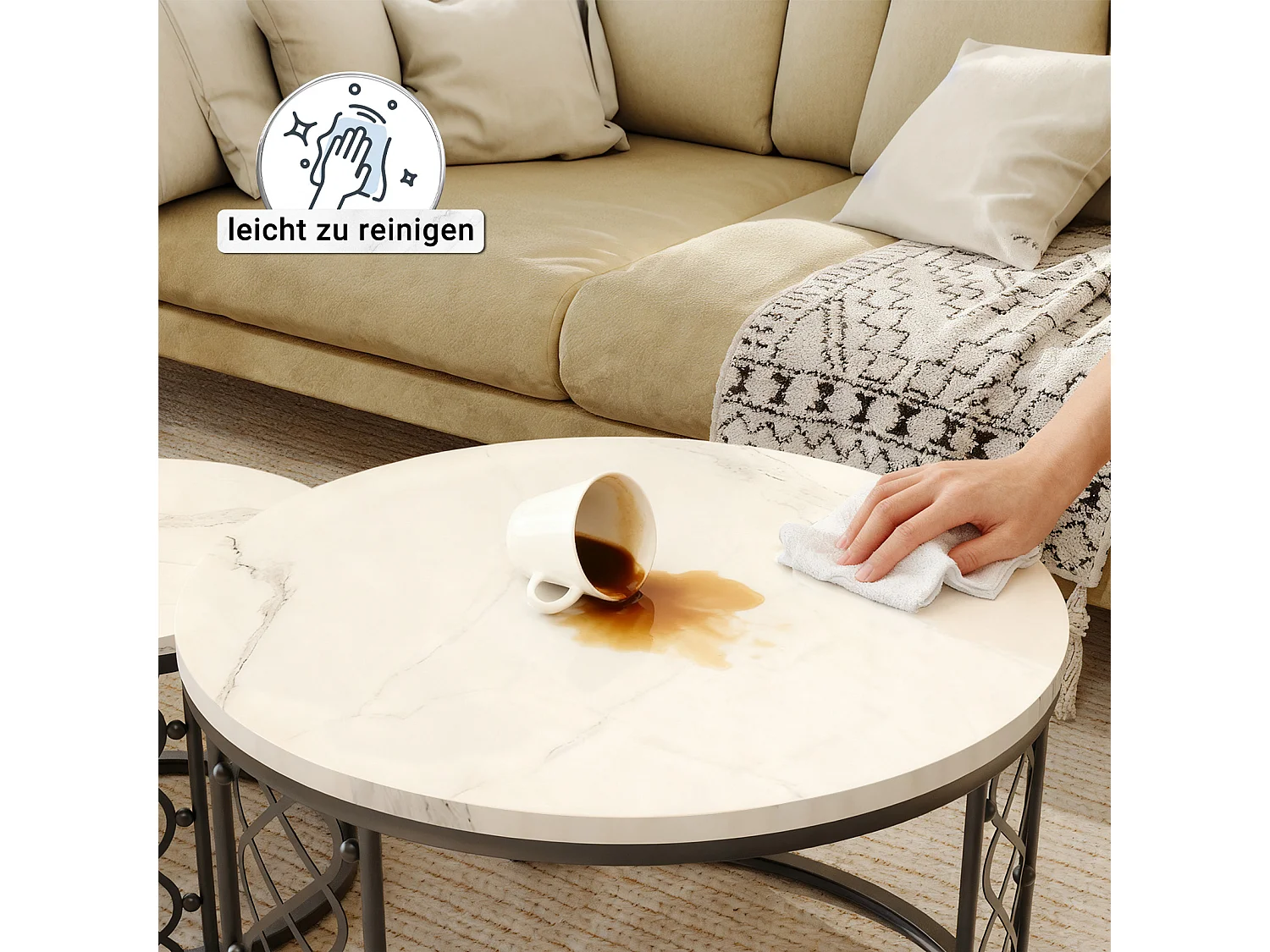 Table Basse Ronde et Tables d’Appoint 2 Pièces pour Salon, Chambre ou Balcon - Noir et Blanc - 70x70x45 cm et 45x45x37 cm