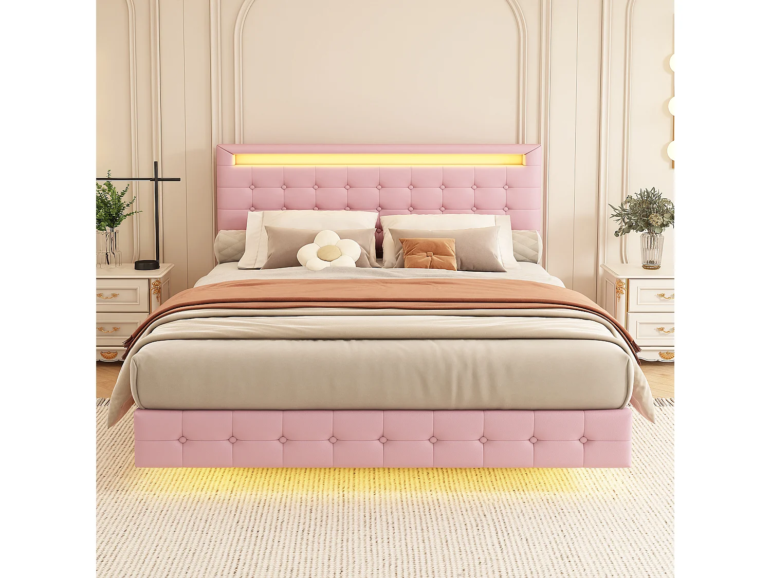 Lit 140 x 200 cm - Lit Flottant - En PU; MDF - Éclairage LED Réglable (App) - Tête 3 Positions Avec Suspension - Rose - Sans Matelas