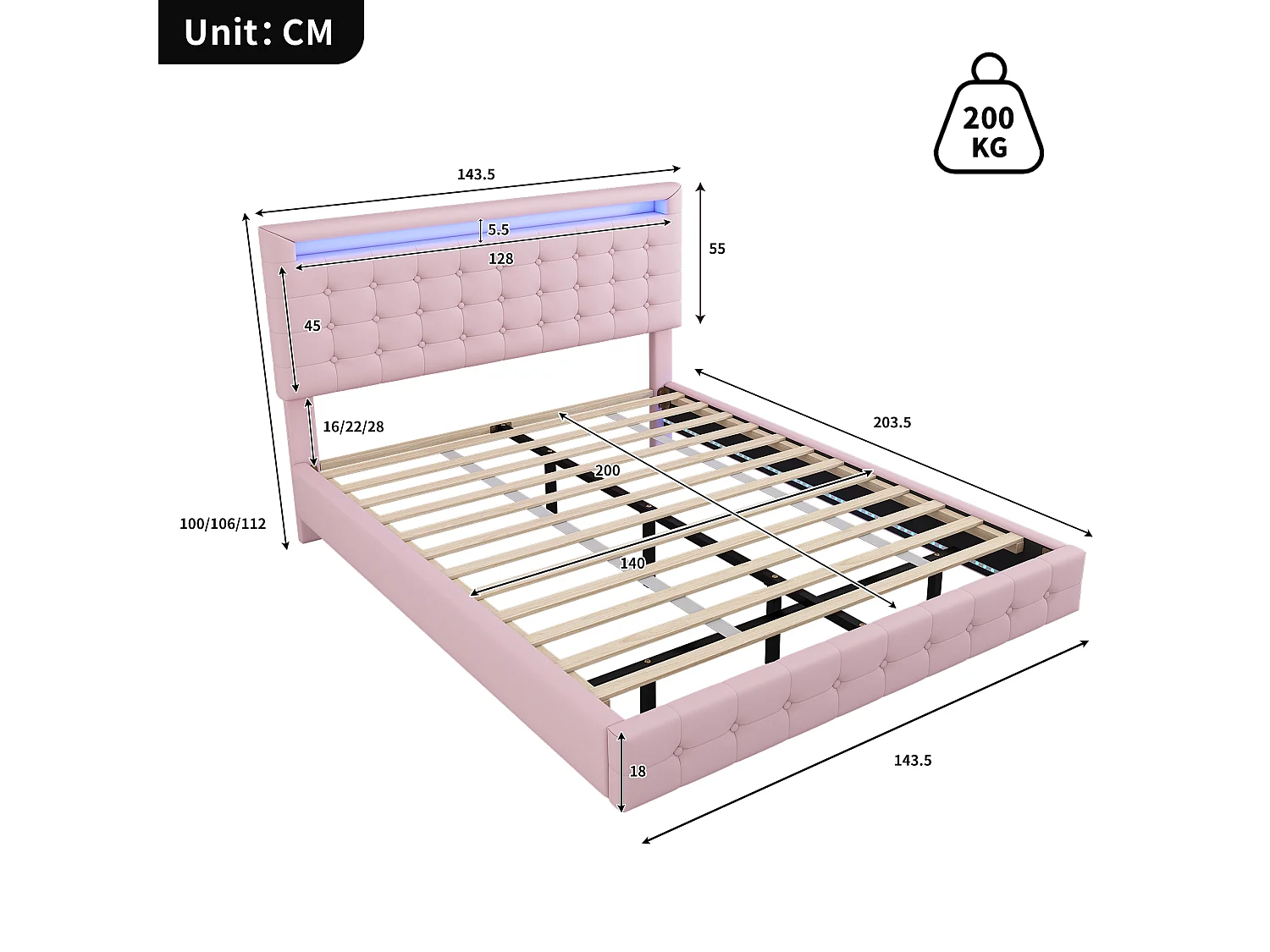 Lit 140 x 200 cm - Lit Flottant - En PU; MDF - Éclairage LED Réglable (App) - Tête 3 Positions Avec Suspension - Rose - Sans Matelas