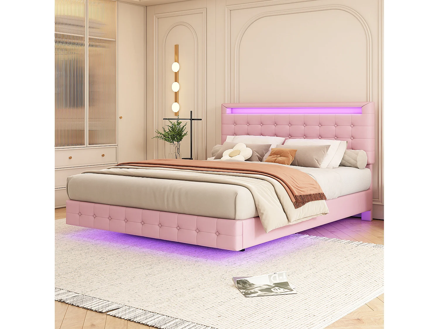 Lit 140 x 200 cm - Lit Flottant - En PU; MDF - Éclairage LED Réglable (App) - Tête 3 Positions Avec Suspension - Rose - Sans Matelas