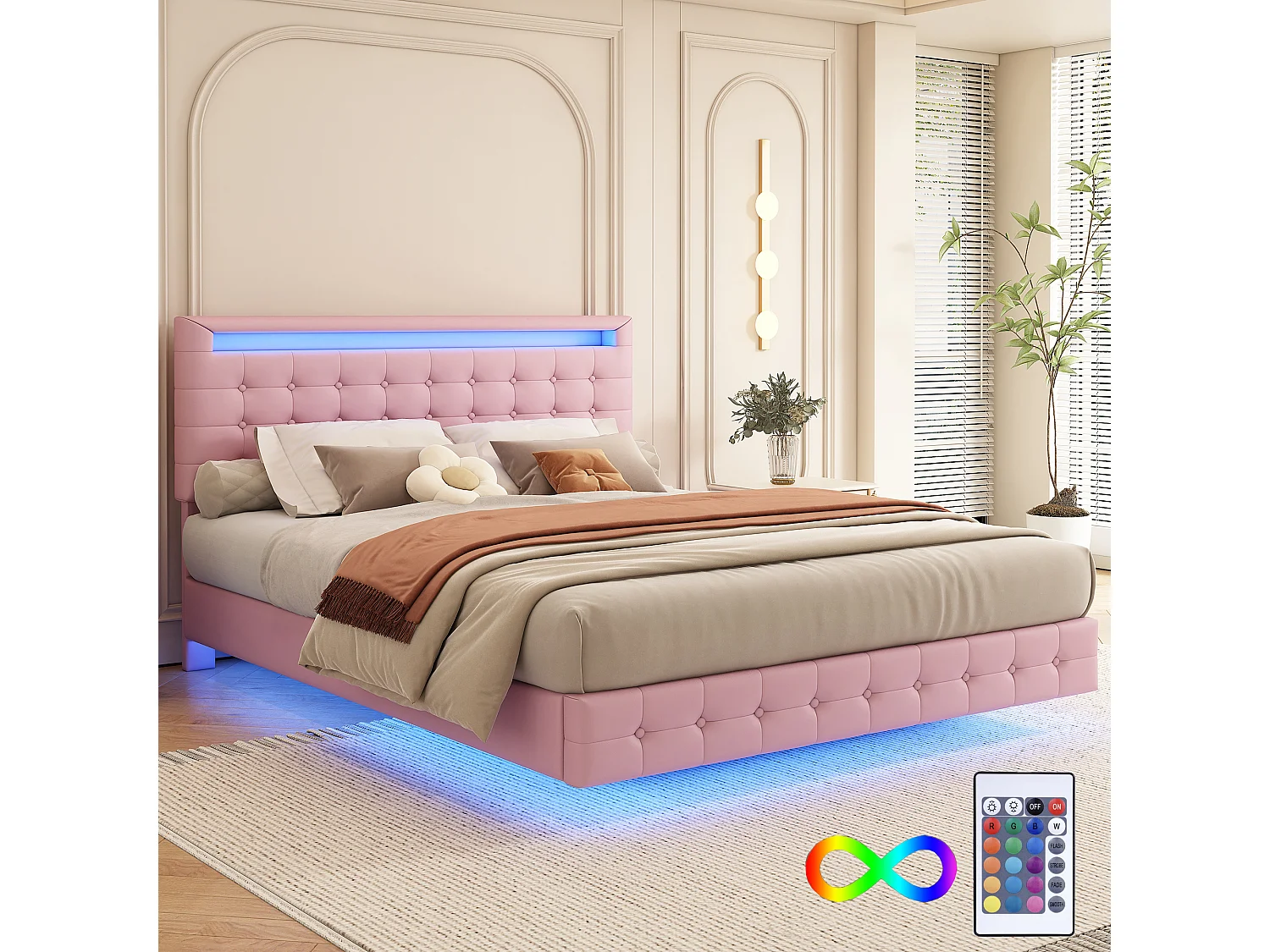 Lit 140 x 200 cm - Lit Flottant - En PU; MDF - Éclairage LED Réglable (App) - Tête 3 Positions Avec Suspension - Rose - Sans Matelas