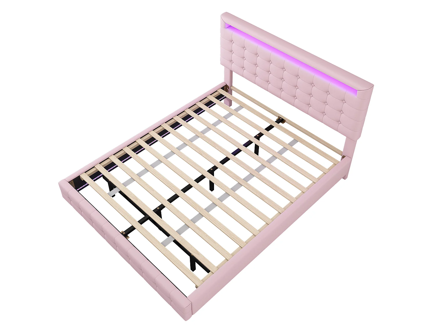 Lit 140 x 200 cm - Lit Flottant - En PU; MDF - Éclairage LED Réglable (App) - Tête 3 Positions Avec Suspension - Rose - Sans Matelas