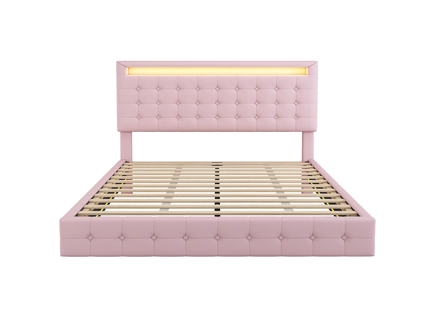 Lit 140 x 200 cm - Lit Flottant - En PU; MDF - Éclairage LED Réglable (App) - Tête 3 Positions Avec Suspension - Rose - Sans Matelas