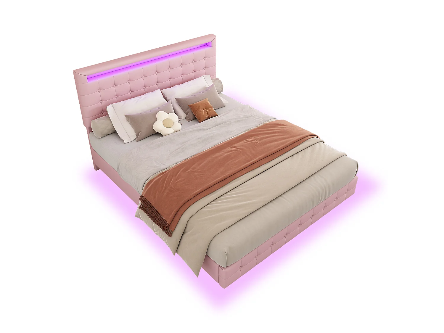 Lit 140 x 200 cm - Lit Flottant - En PU; MDF - Éclairage LED Réglable (App) - Tête 3 Positions Avec Suspension - Rose - Sans Matelas