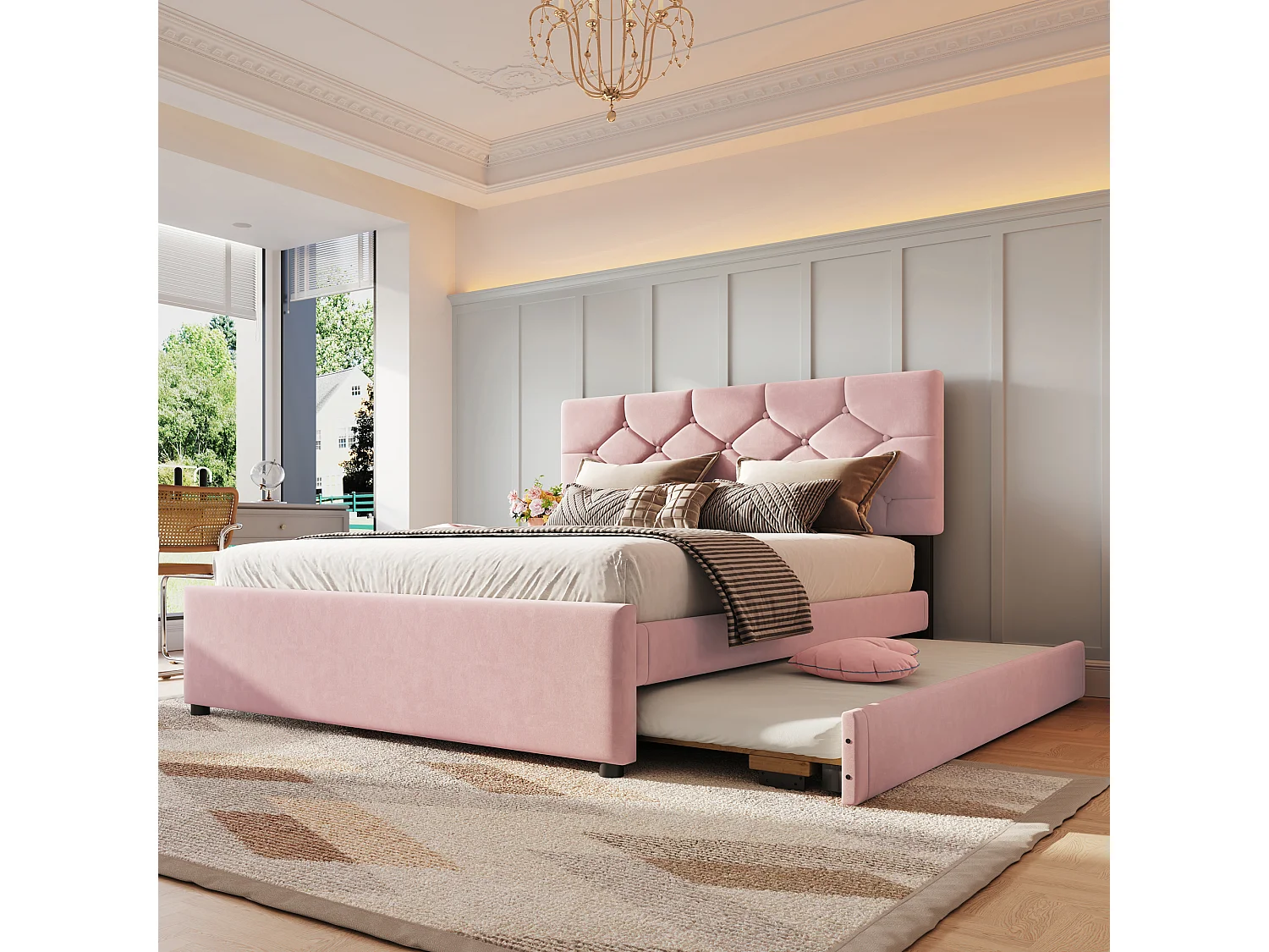 Lit 140 x 200 cm - Lit Capitonné Avec Gigogne - En Velours - Avec Sommier À Lattes Sans Matelas - Style Minimaliste - Rose - Modèle Romantique