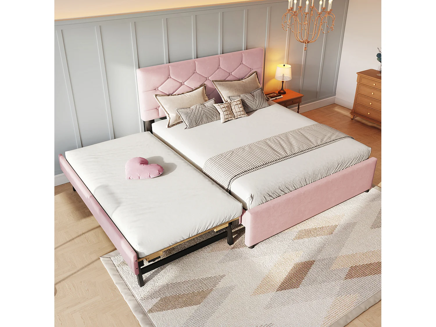 Lit 140 x 200 cm - Lit Capitonné Avec Gigogne - En Velours - Avec Sommier À Lattes Sans Matelas - Style Minimaliste - Rose - Modèle Romantique