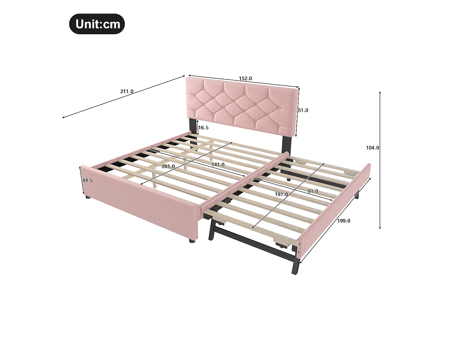 Lit 140 x 200 cm - Lit Capitonné Avec Gigogne - En Velours - Avec Sommier À Lattes Sans Matelas - Style Minimaliste - Rose - Modèle Romantique