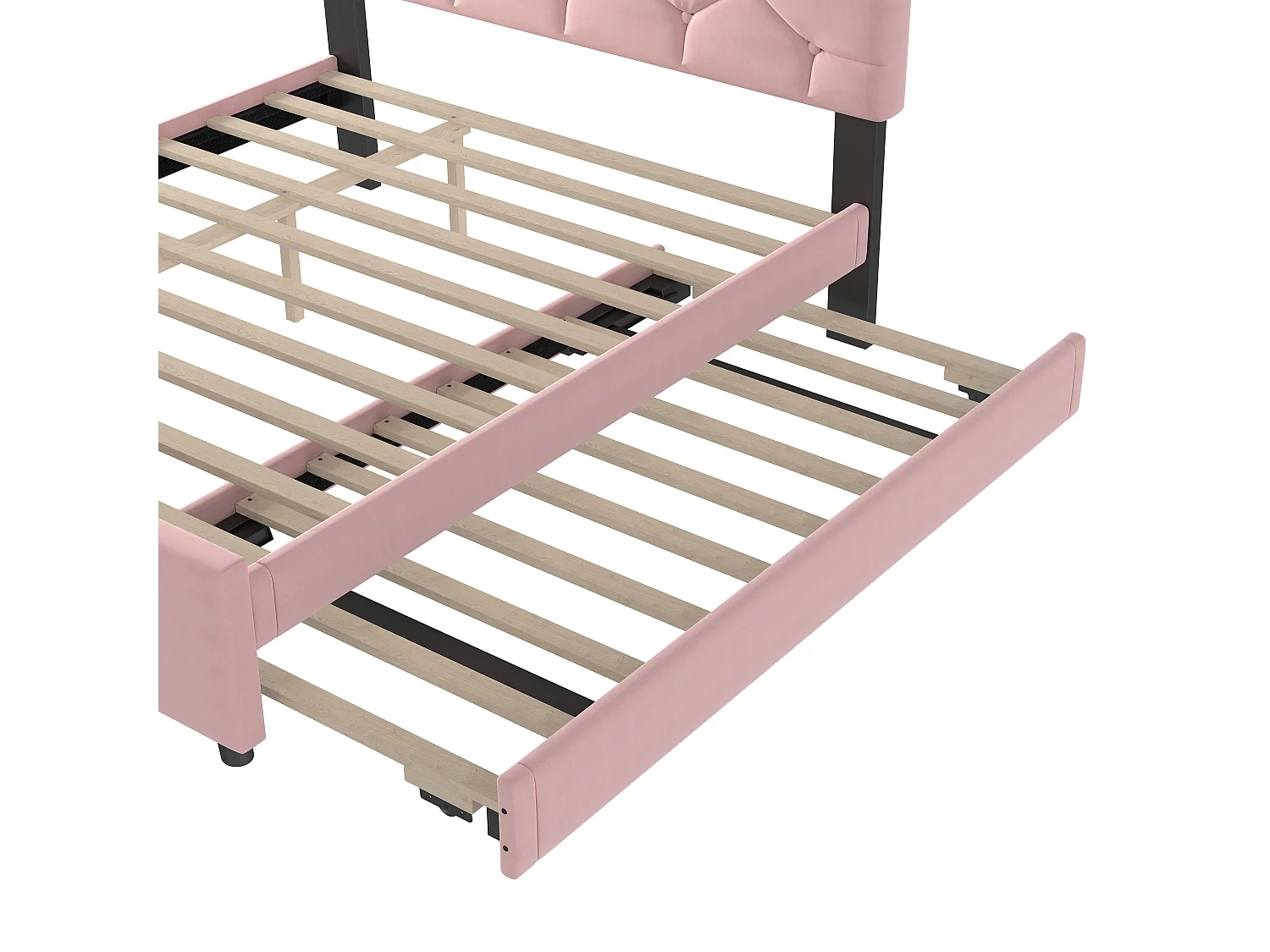 Lit 140 x 200 cm - Lit Capitonné Avec Gigogne - En Velours - Avec Sommier À Lattes Sans Matelas - Style Minimaliste - Rose - Modèle Romantique