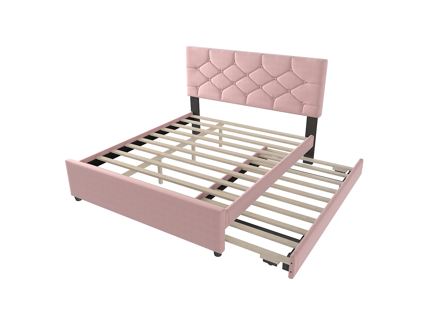 Lit 140 x 200 cm - Lit Capitonné Avec Gigogne - En Velours - Avec Sommier À Lattes Sans Matelas - Style Minimaliste - Rose - Modèle Romantique
