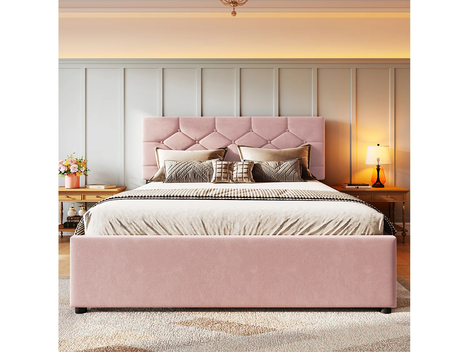 Lit 140 x 200 cm - Lit Capitonné Avec Gigogne - En Velours - Avec Sommier À Lattes Sans Matelas - Style Minimaliste - Rose - Modèle Romantique