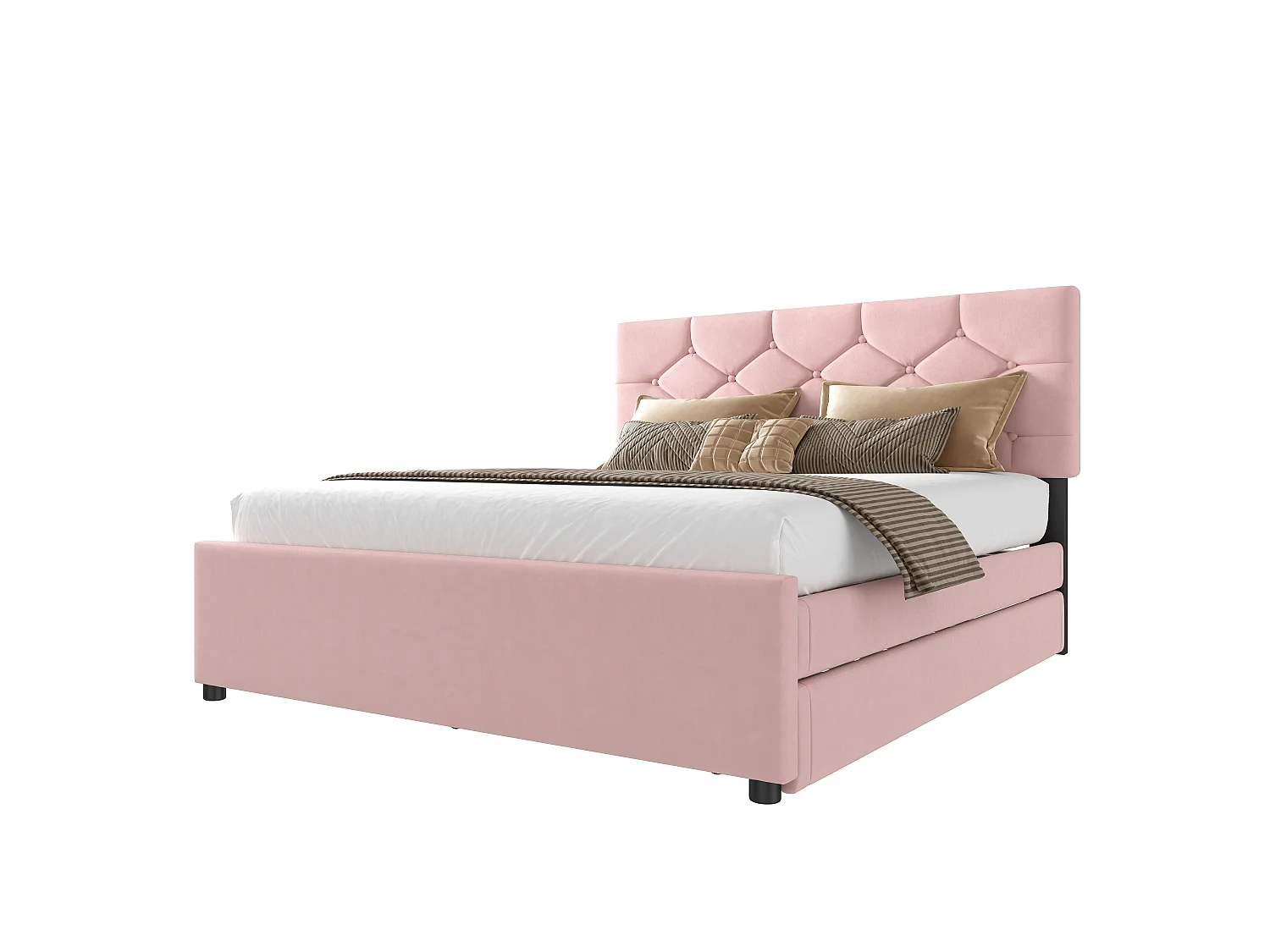 Lit 140 x 200 cm - Lit Capitonné Avec Gigogne - En Velours - Avec Sommier À Lattes Sans Matelas - Style Minimaliste - Rose - Modèle Romantique