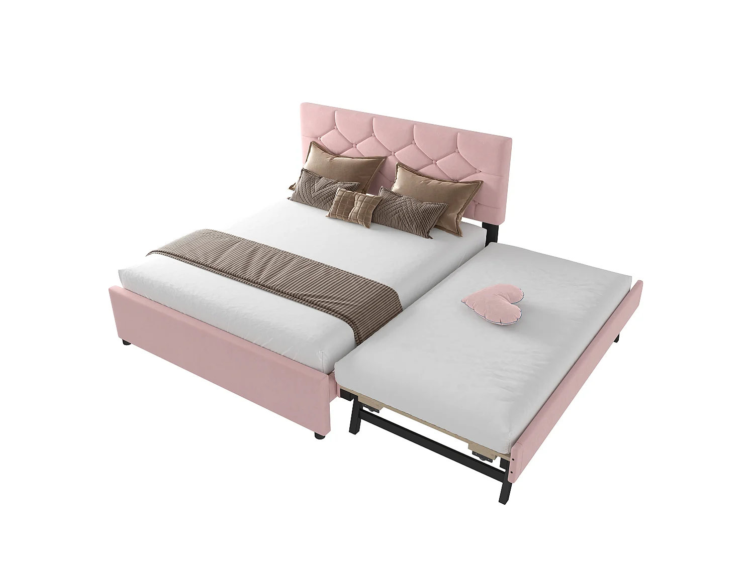 Lit 140 x 200 cm - Lit Capitonné Avec Gigogne - En Velours - Avec Sommier À Lattes Sans Matelas - Style Minimaliste - Rose - Modèle Romantique
