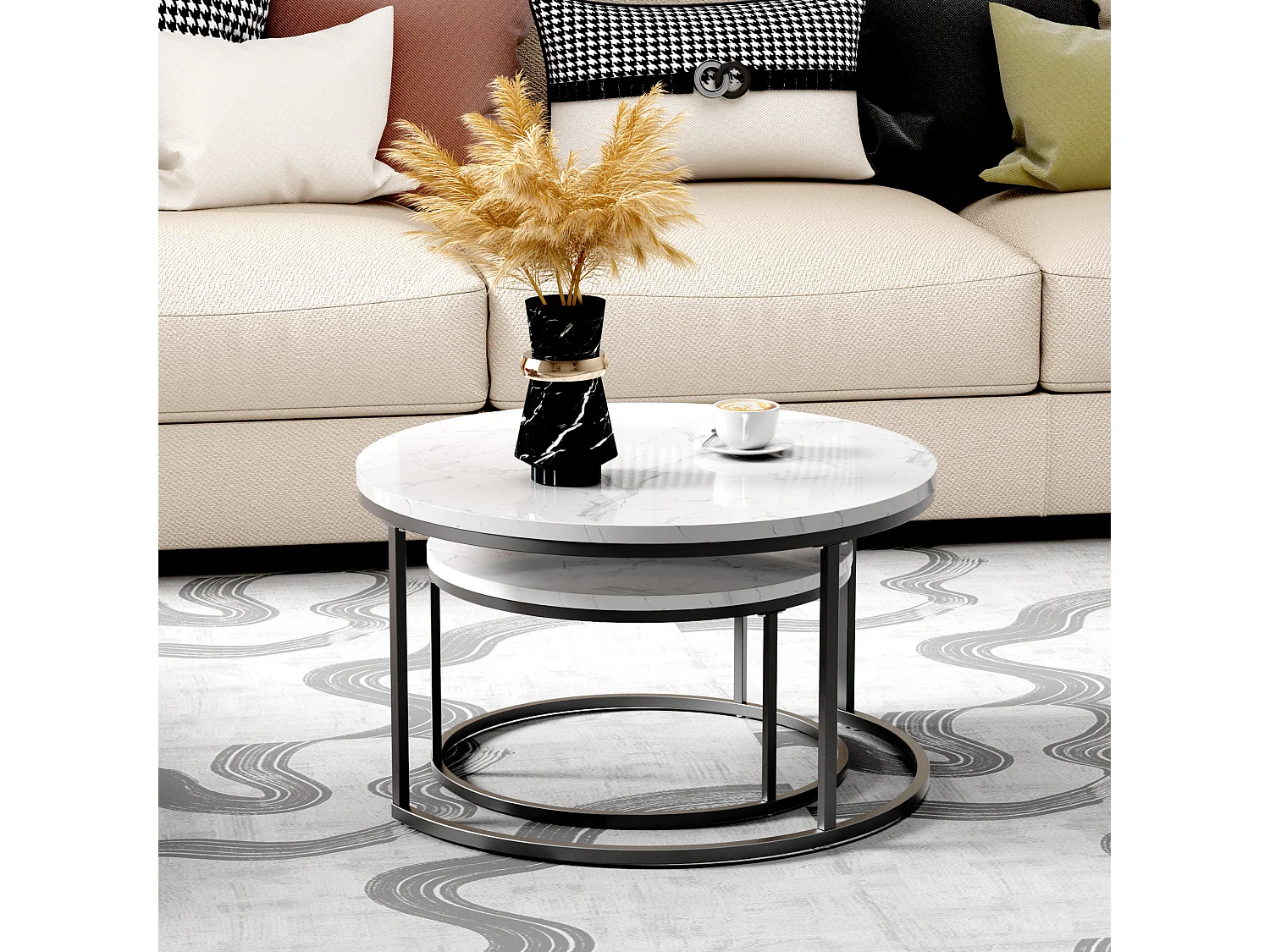 Table Basse Gigogne 2 Pièces - Tables Rondes Empilables pour Salon et Bureau avec Plateau MDF et Cadre Métal Blanc