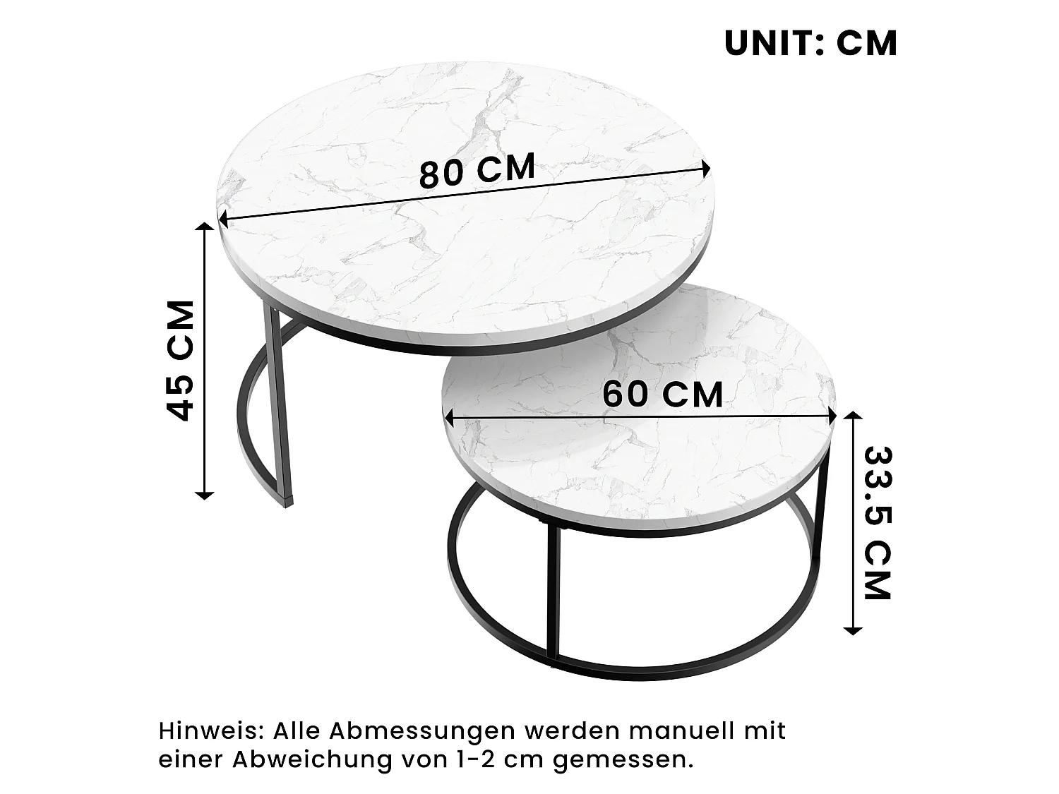 Table Basse Gigogne 2 Pièces - Tables Rondes Empilables pour Salon et Bureau avec Plateau MDF et Cadre Métal Blanc