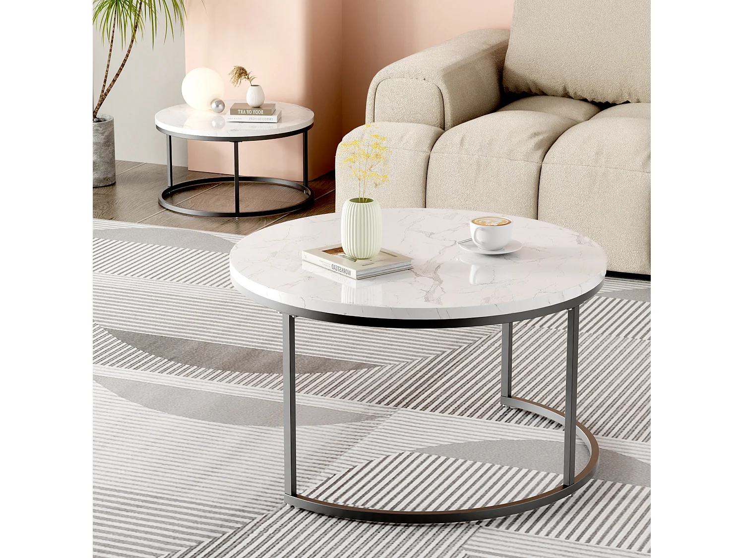Table Basse Gigogne 2 Pièces - Tables Rondes Empilables pour Salon et Bureau avec Plateau MDF et Cadre Métal Blanc