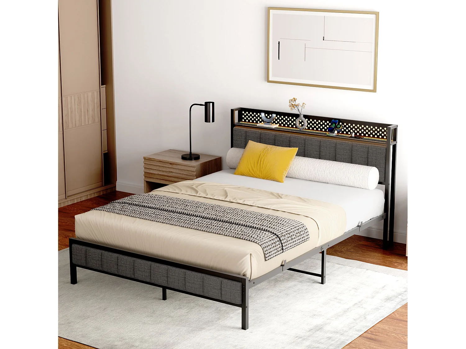 Lit Double En Métal Noir 140x200 Cm Avec Tête Capitonnée, Ports USB Et LED Intégrés - Cadre Stable Moderne Sans Matelas