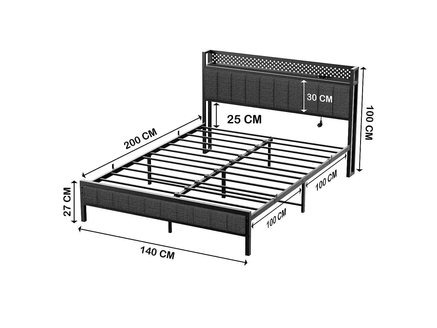 Lit Double En Métal Noir 140x200 Cm Avec Tête Capitonnée, Ports USB Et LED Intégrés - Cadre Stable Moderne Sans Matelas