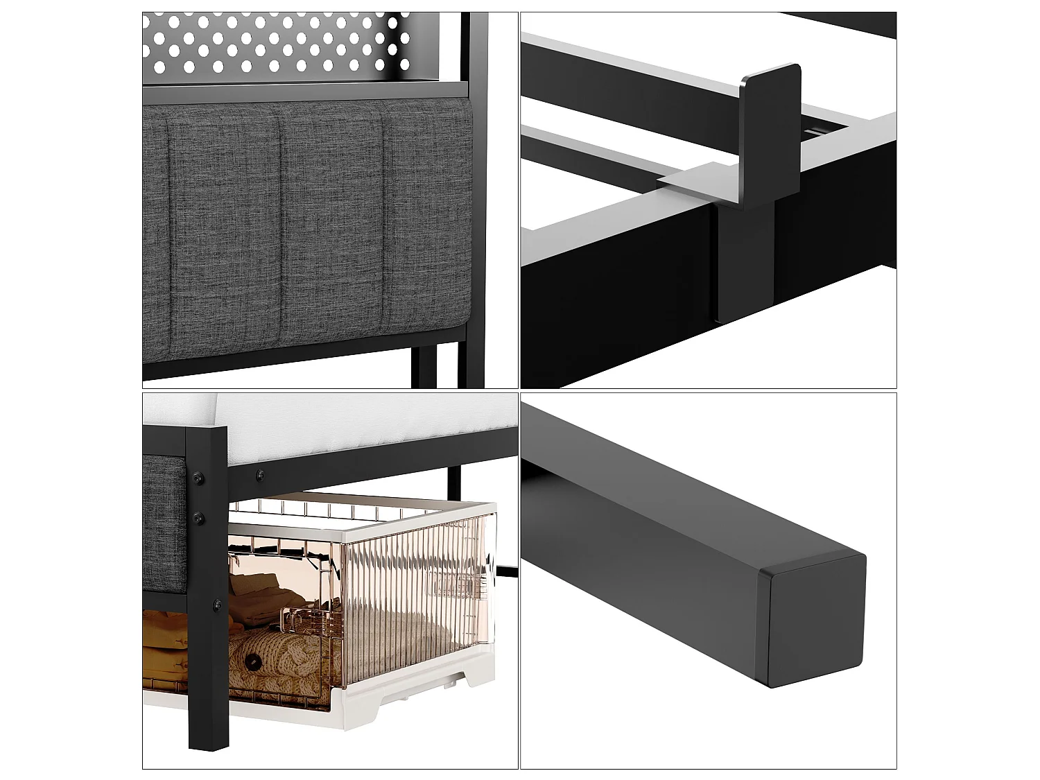 Lit Double En Métal Noir 140x200 Cm Avec Tête Capitonnée, Ports USB Et LED Intégrés - Cadre Stable Moderne Sans Matelas