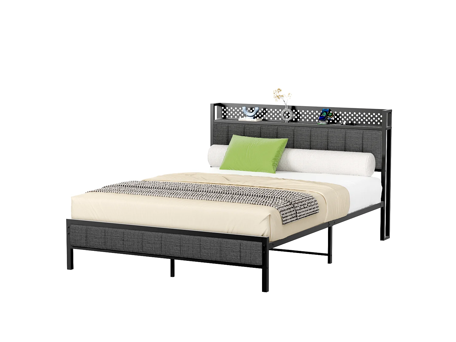 Lit Double En Métal Noir 140x200 Cm Avec Tête Capitonnée, Ports USB Et LED Intégrés - Cadre Stable Moderne Sans Matelas