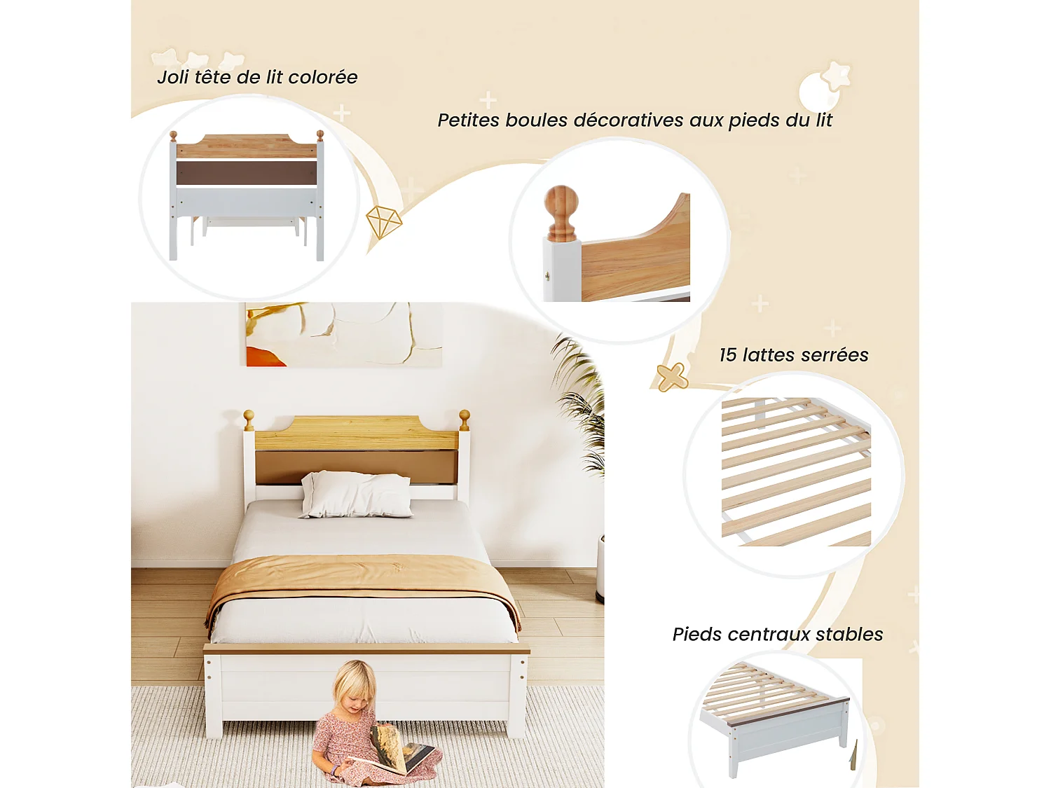 Lit Simple 90 x 200 cm - Cadre en Pin avec Pied Central - en Bois; MDF - Sommier 15 Lattes - Pieds Boules Décoratifs - Sans matelas - Blanc