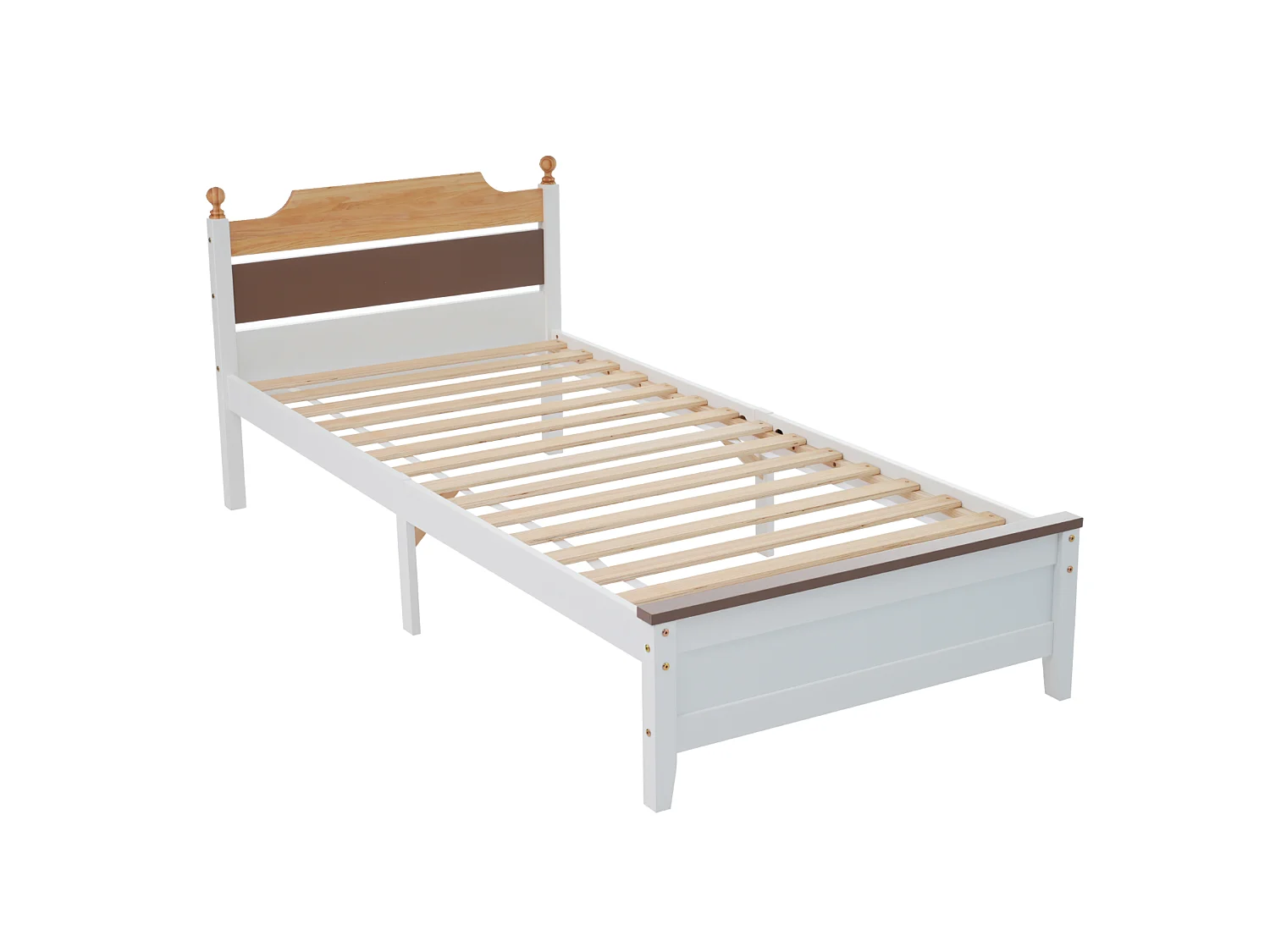 Lit Simple 90 x 200 cm - Cadre en Pin avec Pied Central - en Bois; MDF - Sommier 15 Lattes - Pieds Boules Décoratifs - Sans matelas - Blanc