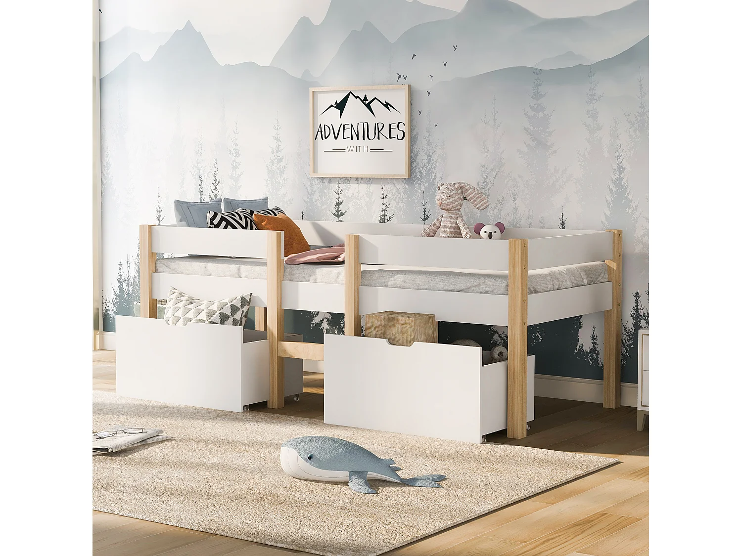 Lit enfants - Lit mi-hauteur 90 x 200 cm - En Bois massif de pin - Tiroirs intégrés, Barrière anti-chute - Sans matelas - Blanc
