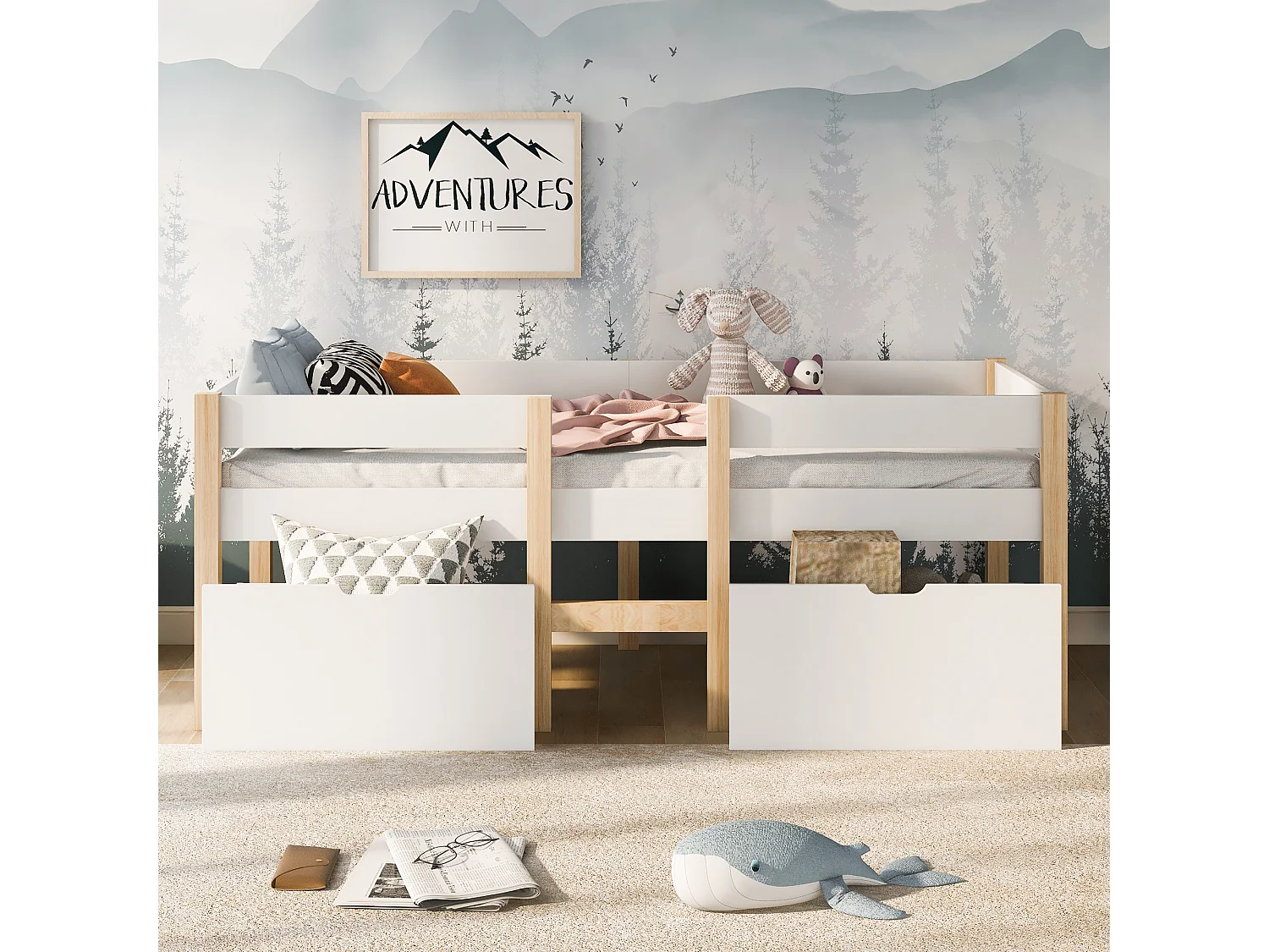 Lit enfants - Lit mi-hauteur 90 x 200 cm - En Bois massif de pin - Tiroirs intégrés, Barrière anti-chute - Sans matelas - Blanc