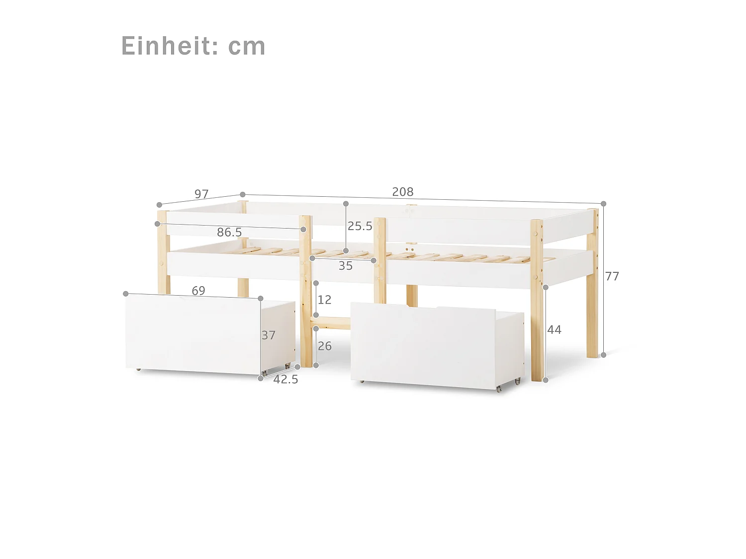 Lit enfants - Lit mi-hauteur 90 x 200 cm - En Bois massif de pin - Tiroirs intégrés, Barrière anti-chute - Sans matelas - Blanc