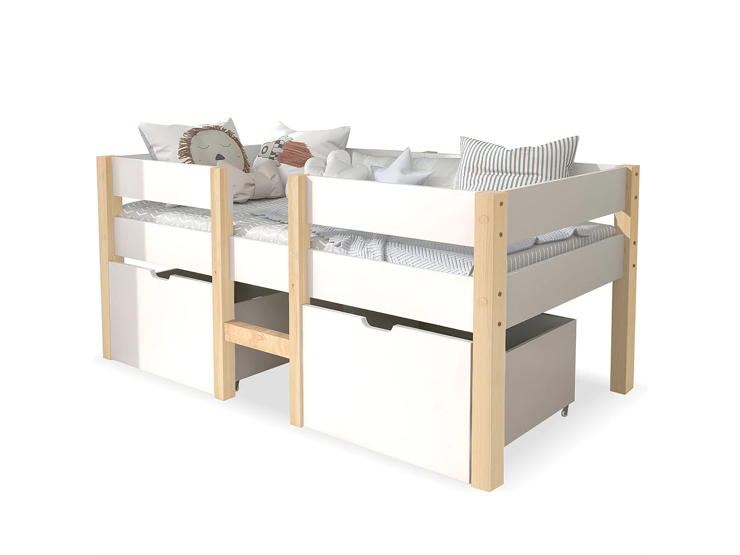 Lit enfants - Lit mi-hauteur 90 x 200 cm - En Bois massif de pin - Tiroirs intégrés, Barrière anti-chute - Sans matelas - Blanc