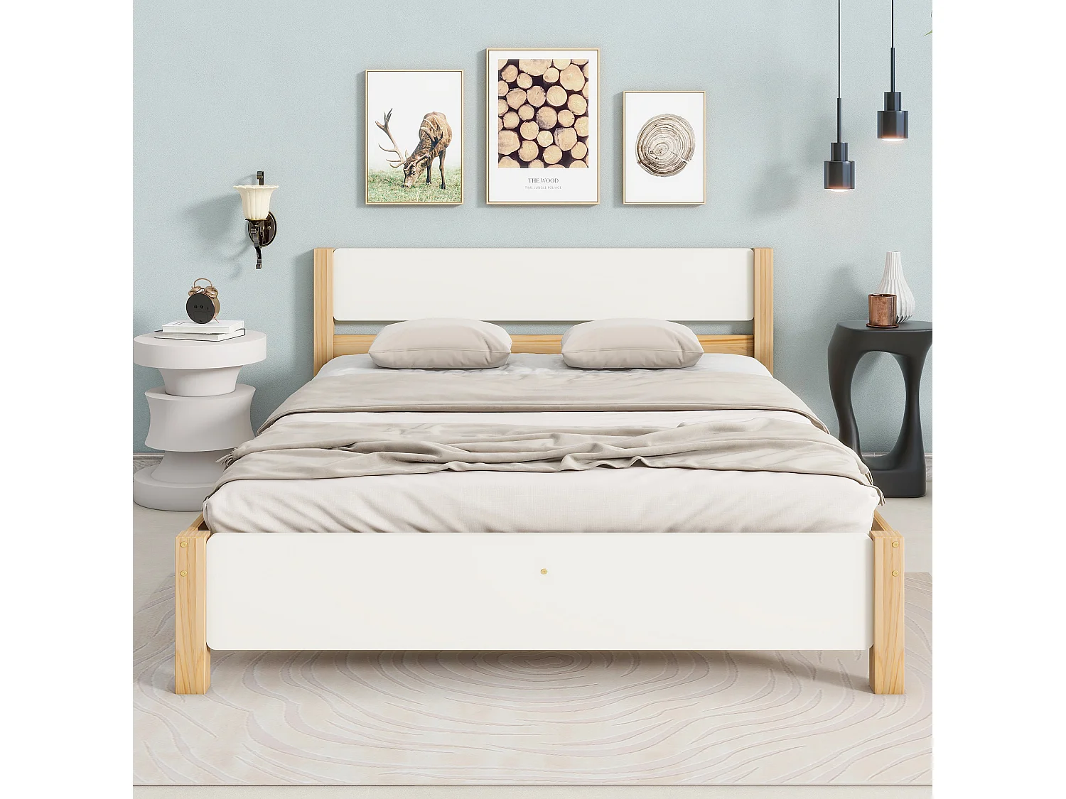 Lit double 140 x 200 cm - Cadre en Pin; MDF - 15 lattes et pied central de soutien, montage facile - Sans matelas - Blanc+Naturel