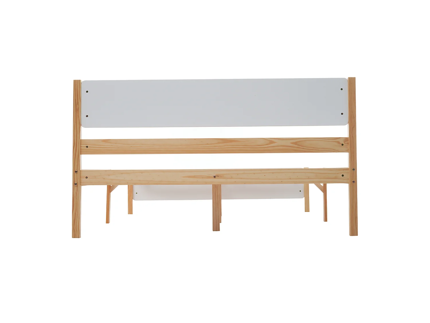Lit double 140 x 200 cm - Cadre en Pin; MDF - 15 lattes et pied central de soutien, montage facile - Sans matelas - Blanc+Naturel