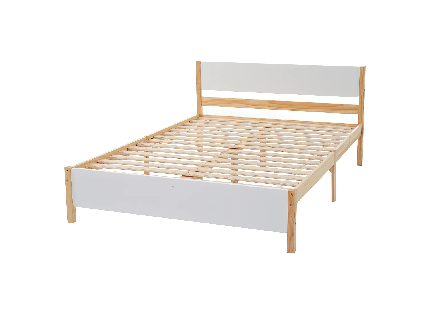 Lit double 140 x 200 cm - Cadre en Pin; MDF - 15 lattes et pied central de soutien, montage facile - Sans matelas - Blanc+Naturel