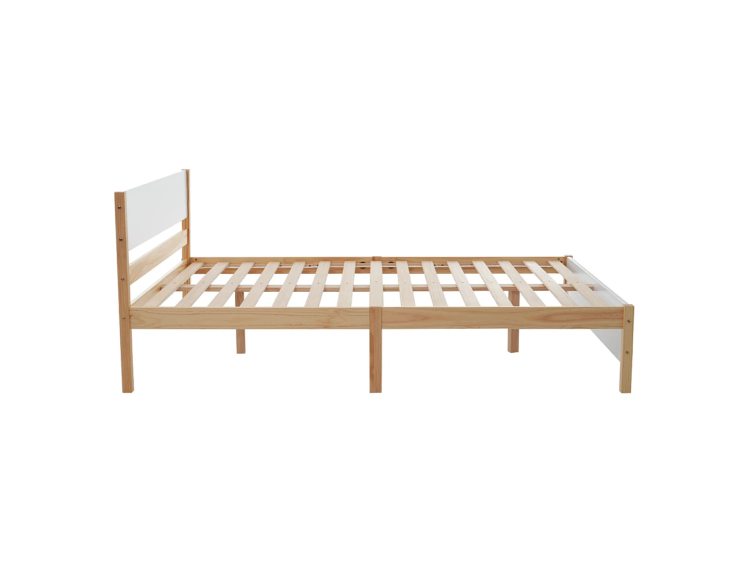 Lit double 140 x 200 cm - Cadre en Pin; MDF - 15 lattes et pied central de soutien, montage facile - Sans matelas - Blanc+Naturel