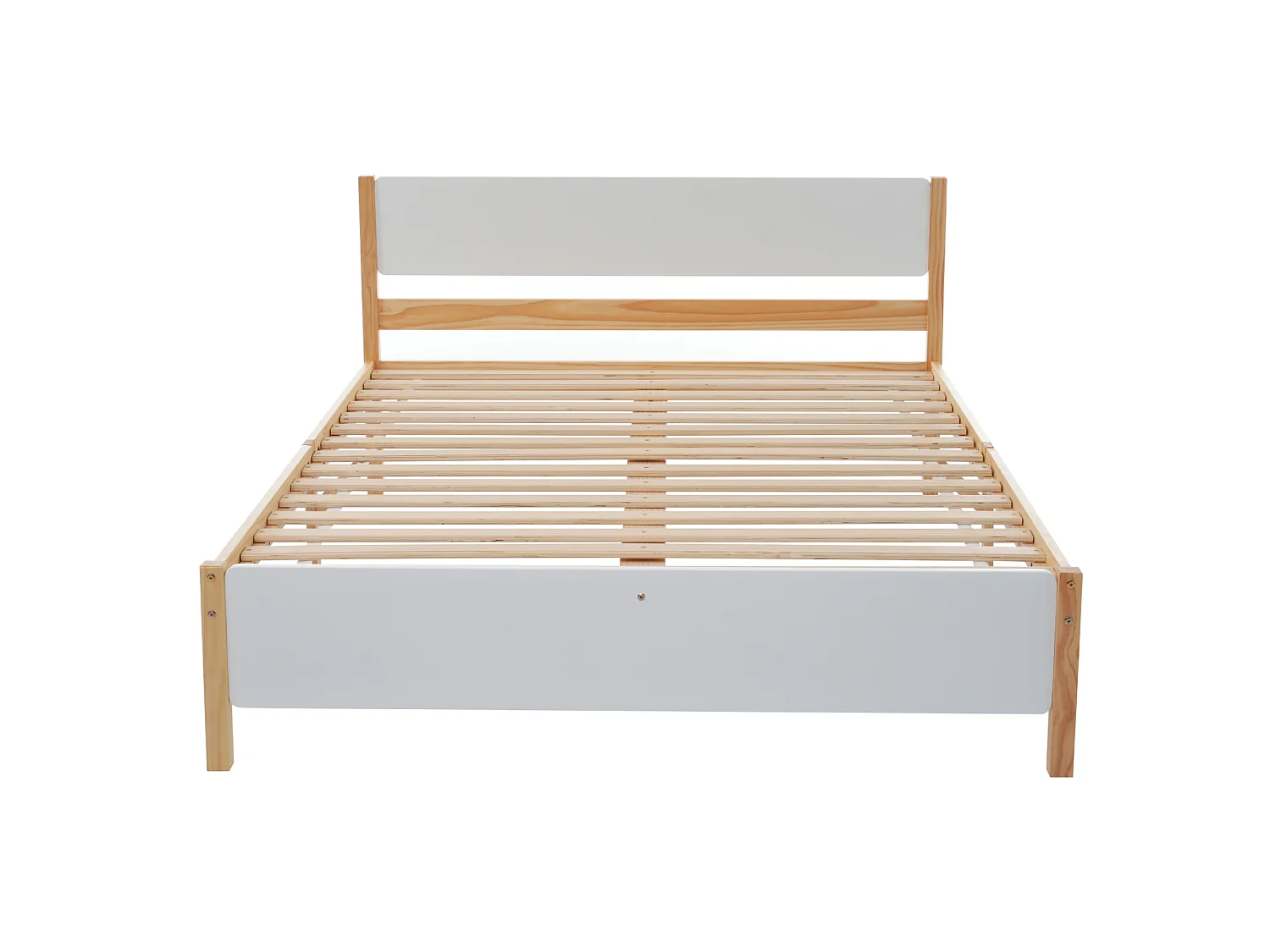 Lit double 140 x 200 cm - Cadre en Pin; MDF - 15 lattes et pied central de soutien, montage facile - Sans matelas - Blanc+Naturel