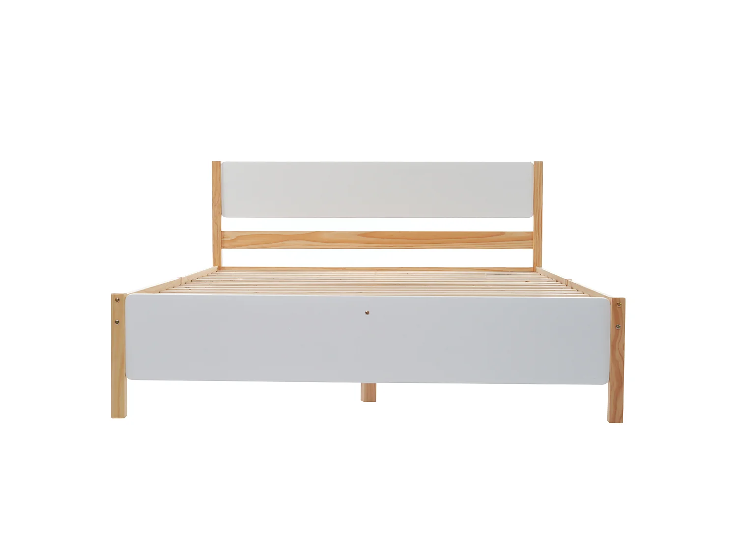 Lit double 140 x 200 cm - Cadre en Pin; MDF - 15 lattes et pied central de soutien, montage facile - Sans matelas - Blanc+Naturel
