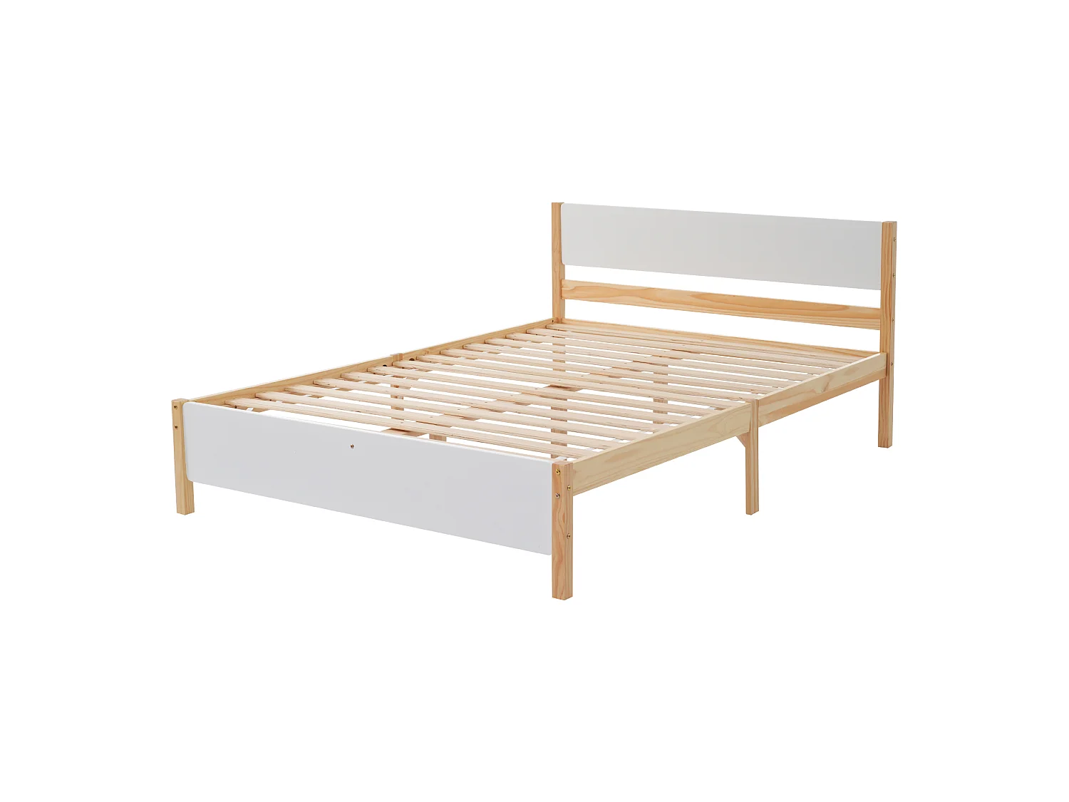 Lit double 140 x 200 cm - Cadre en Pin; MDF - 15 lattes et pied central de soutien, montage facile - Sans matelas - Blanc+Naturel