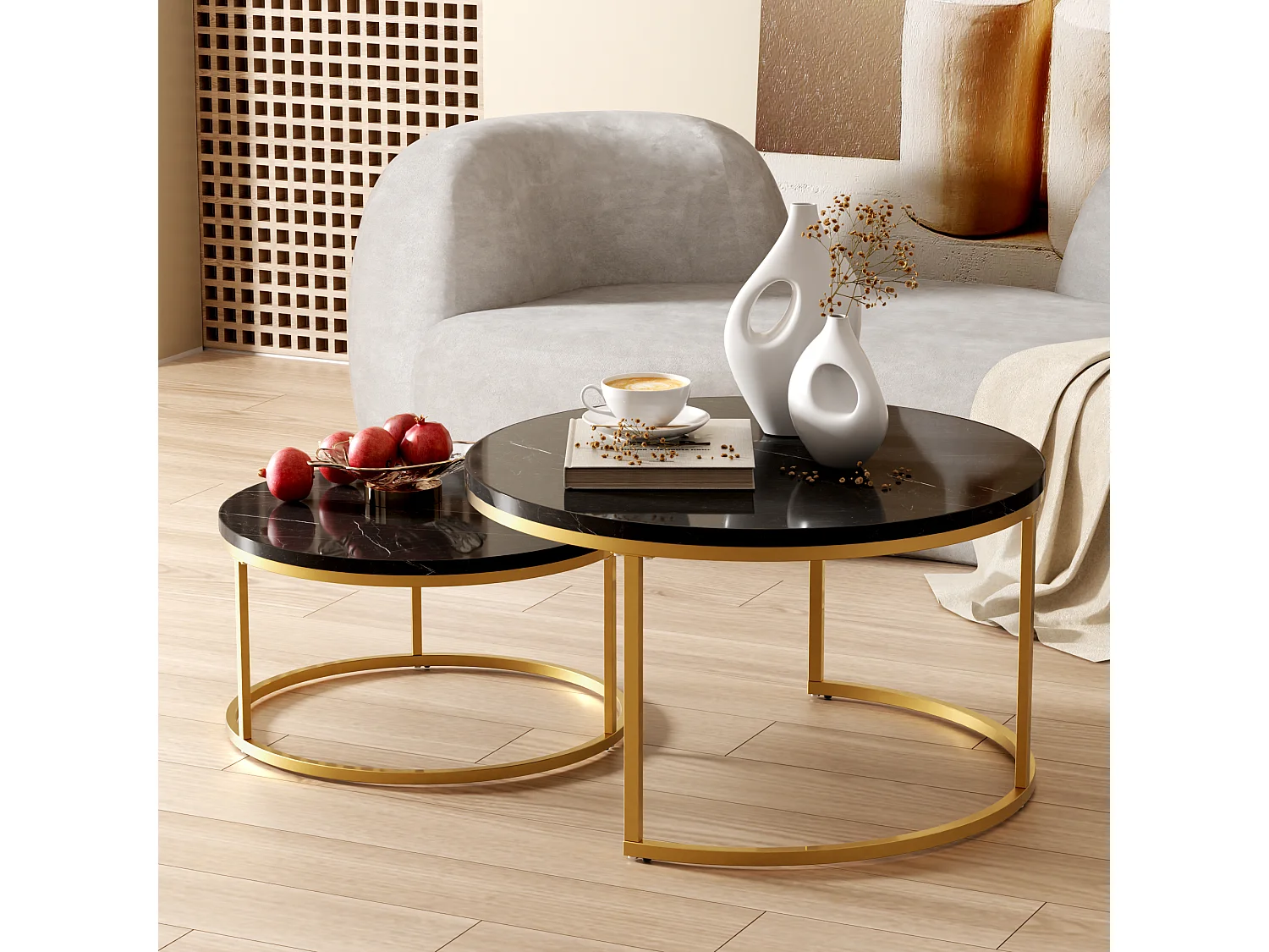 Table Basse Gigogne 2 Pièces Empilable Avec Cadre en Métal et Plateau MDF Facile à Nettoyer - Noir Or - 80x45 / 60x33.5 cm