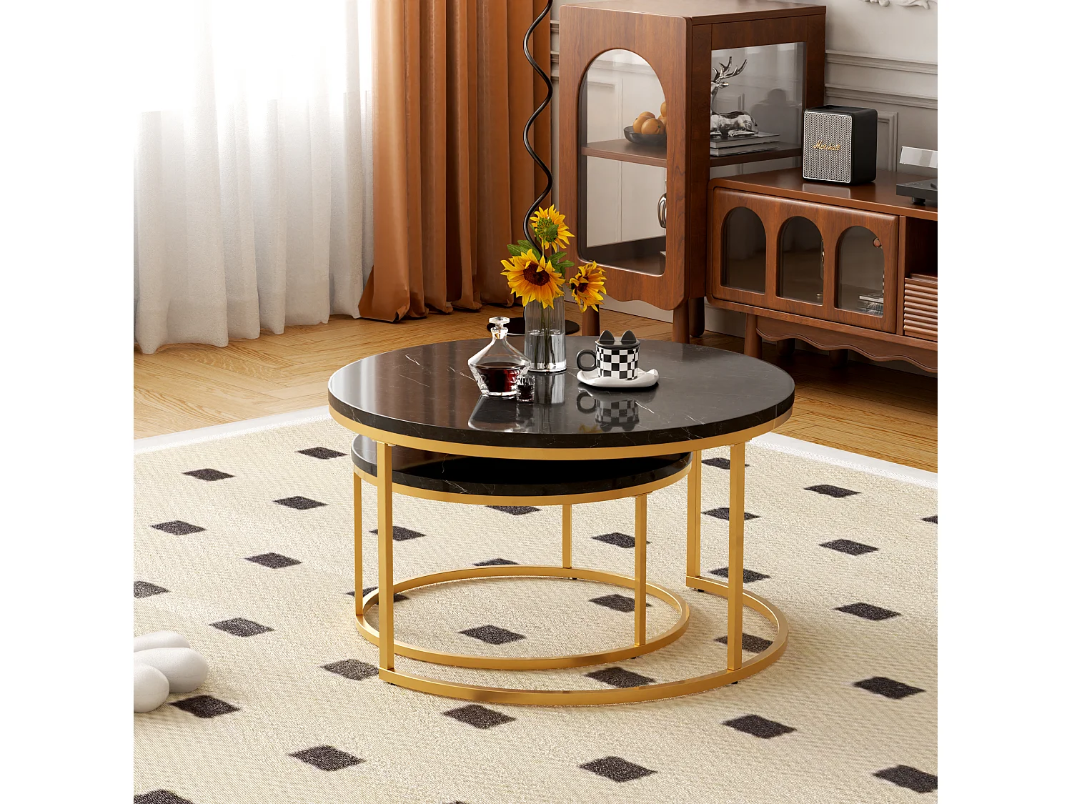 Table Basse Gigogne 2 Pièces Empilable Avec Cadre en Métal et Plateau MDF Facile à Nettoyer - Noir Or - 80x45 / 60x33.5 cm