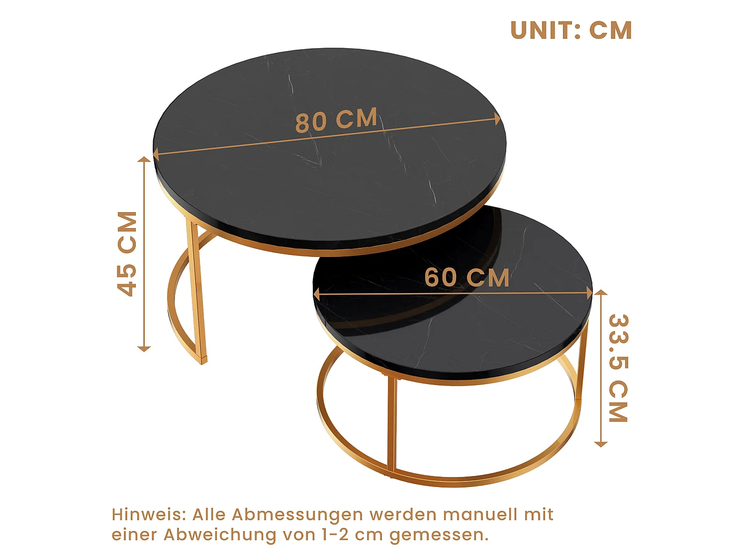 Table Basse Gigogne 2 Pièces Empilable Avec Cadre en Métal et Plateau MDF Facile à Nettoyer - Noir Or - 80x45 / 60x33.5 cm