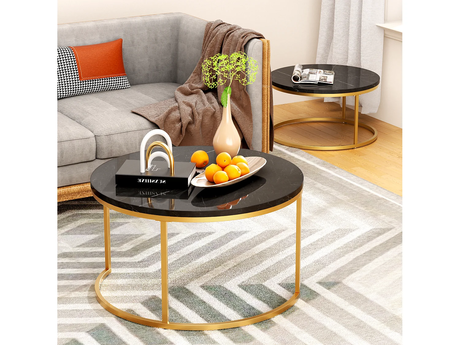 Table Basse Gigogne 2 Pièces Empilable Avec Cadre en Métal et Plateau MDF Facile à Nettoyer - Noir Or - 80x45 / 60x33.5 cm