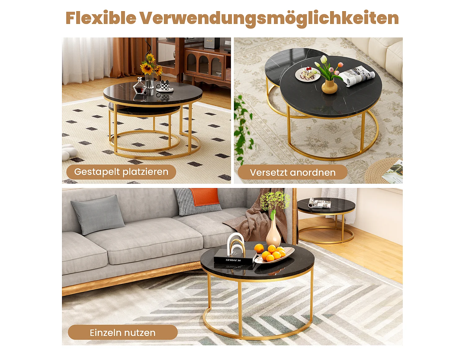 Table Basse Gigogne 2 Pièces Empilable Avec Cadre en Métal et Plateau MDF Facile à Nettoyer - Noir Or - 80x45 / 60x33.5 cm