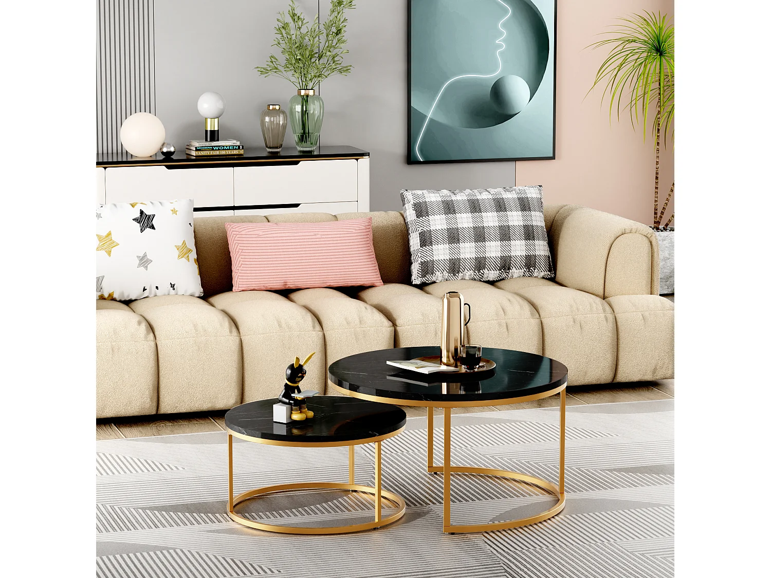 Table Basse Gigogne 2 Pièces Empilable Avec Cadre en Métal et Plateau MDF Facile à Nettoyer - Noir Or - 80x45 / 60x33.5 cm